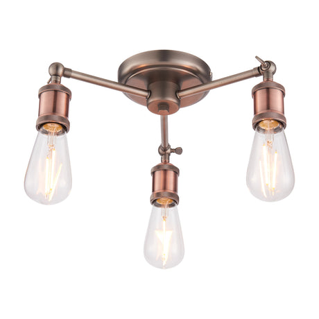 Gallery Direct Halvane Industrial 3-light semi-flush ceiling light in aged copper and pewter with adjustable arms and exposed filament bulbs.