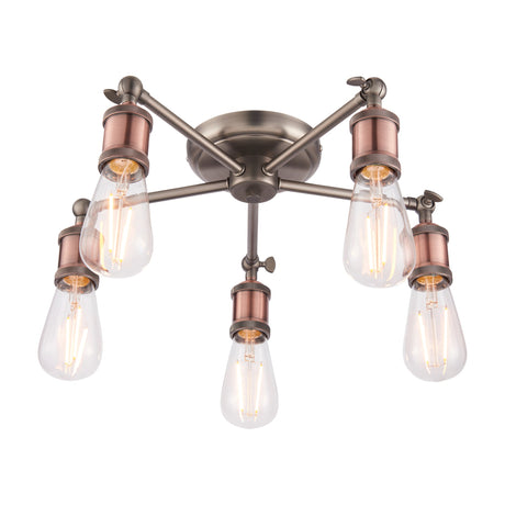 Gallery Direct Halvane Industrial 5 Light Semi-Flush Ceiling Light with aged copper holders, pewter arms and exposed filament bulbs on white.