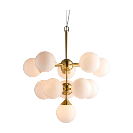 Gallery Direct Vosanne 11 light pendant with opal glass globes on a two-tier brushed gold frame, single globe dropping below the centre.