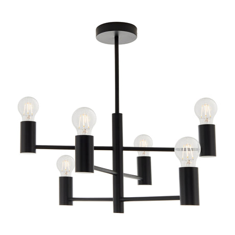 Gallery Direct Sorvessa 6 light ceiling light in matt black steel with staggered cylindrical holders and exposed filament bulbs on a white background.