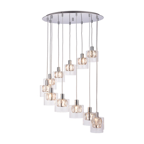 Gallery Direct Nolvora Spiral Cluster Pendant with 12 clear glass drops and faceted crystal inserts on chrome cables in a staggered spiral cascade.