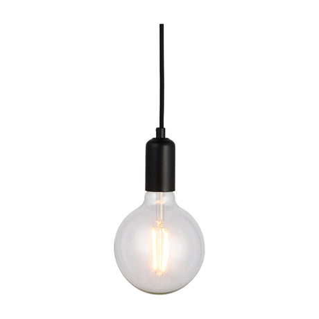 Gallery Direct Sorvessa Pendant Light with a slim black braided cable, compact steel lampholder and exposed filament globe bulb on a white background.
