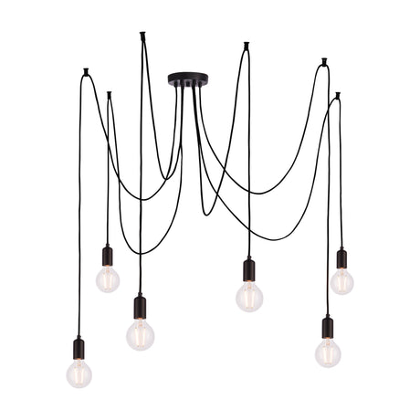 Gallery Direct Sorvessa 6 Light Cluster Pendant in matt black steel with draped cables and exposed E27 filament globe bulbs on a white background.