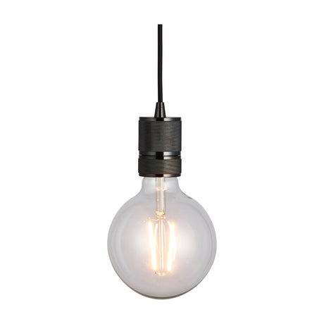 Gallery Direct Nordane Knurled Pendant Light with black chrome knurled metal lampholder, braided flex, and exposed globe filament bulb on a white background.