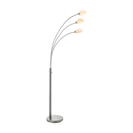 Gallery Direct Jasvenne arched floor lamp with three satin nickel arms curving from a weighted circular base to frosted white glass shades.