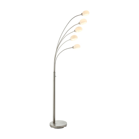 Gallery Direct Jasvenne 5 light arc floor lamp with satin nickel stem and staggered arms tipped with opal white glass shades on a weighted round base.