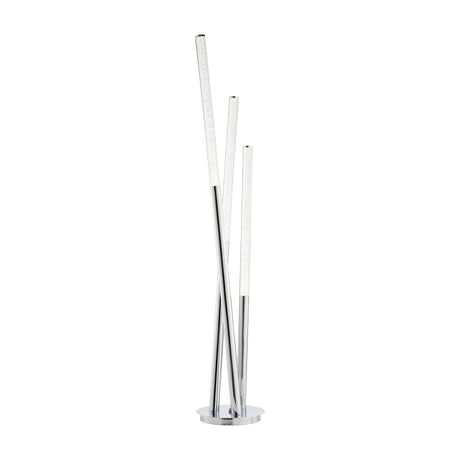 Gallery Direct Glavenna LED 3 light floor lamp with clear bubble-effect acrylic columns on angled polished chrome stems and round base.