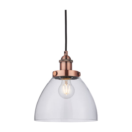 Gallery Direct Sarwen Glass Dome Pendant Light with clear glass shade, aged copper lamp holder, exposed filament bulb and braided black flex.