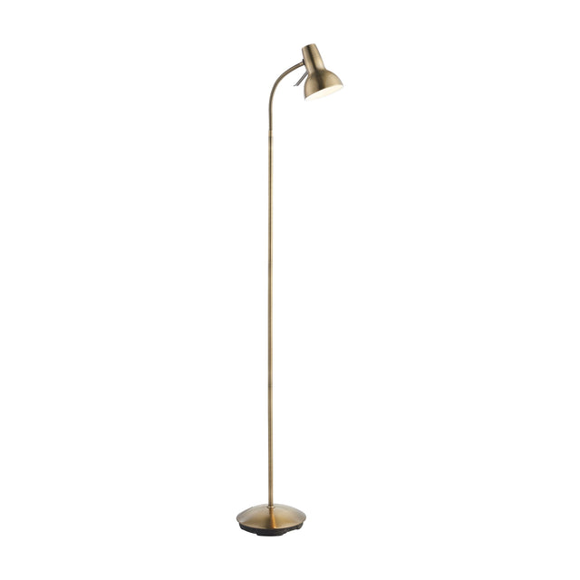Gallery Direct Amrisse Floor Lamp in antique brass with adjustable gooseneck and tapered dome shade on a weighted round base, plain white background.
