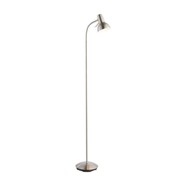 Gallery Direct Amrisse Floor Lamp with adjustable gooseneck, brushed nickel steel stem, tapered dome shade and weighted round base on a white background.