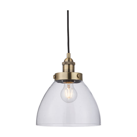 Sarwen Glass Dome Pendant Light by Gallery Direct with a clear glass dome shade, antique brass lamp holder and braided black flex.
