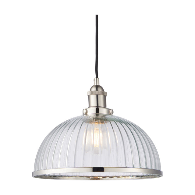 Gallery Direct Sarwen Glass Dome Pendant Light with ribbed clear glass shade, brushed nickel fitting and braided black flex on a white background.