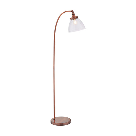Gallery Direct Sarwen Arched Floor Lamp in aged copper with a slim curved stem, clear glass dome shade and weighted round base on a white background.
