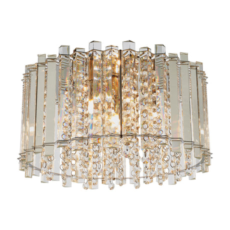 Gallery Direct Hanvora flush ceiling light with chrome drum frame, vertical crystal glass bars and faceted droplets, shown on a white background.