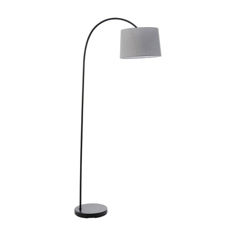 Gallery Direct Carvenne curved floor lamp with a matt black steel arc stem, weighted round base, and tapered grey fabric shade on a white background.