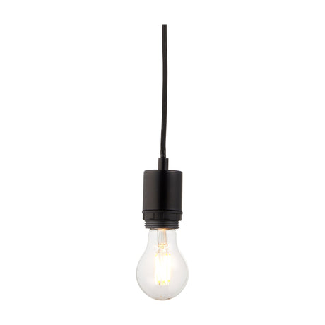 Gallery Direct Sorvessa Pendant Light with a slim black braided cable, compact steel lampholder and exposed filament bulb on a white background.