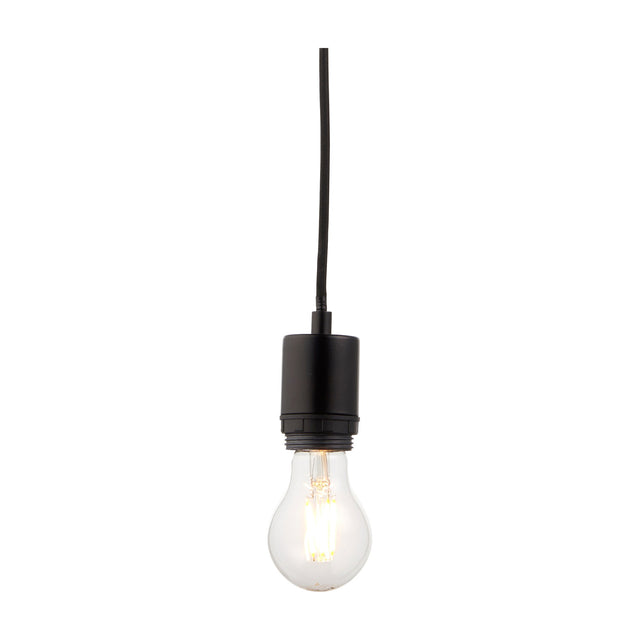 Gallery Direct Sorvessa Pendant Light with a slim black braided cable, compact steel lampholder and exposed filament bulb on a white background.