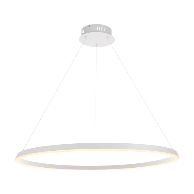 Gallery Direct Nevaine LED Ring Pendant Light in matt white, a slim 80cm illuminated ring suspended by three fine cables from a compact ceiling rose.