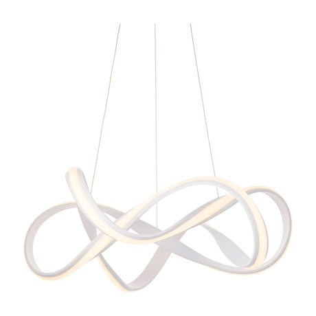Gallery Direct Nevanne LED Ribbon Pendant Light in white, a sculptural looping silicone ribbon suspended from three fine cables on a white background.