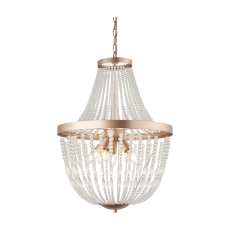 Gallery Direct Lorwen 3 light empire pendant with rose gold metal frame and cascading clear glass bead strands on a white background.