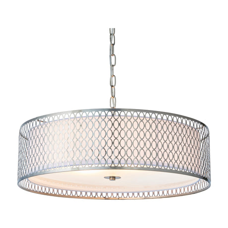 Gallery Direct Cendral Fretwork Drum Pendant Light in satin nickel with laser-cut circle pattern, white fabric inner shade, glass diffuser and chain.