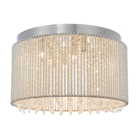 Gallery Direct Galvelle 5-light flush drum ceiling light in polished chrome with rippled metal rods and clear crystal bead droplets, illuminated warm white.