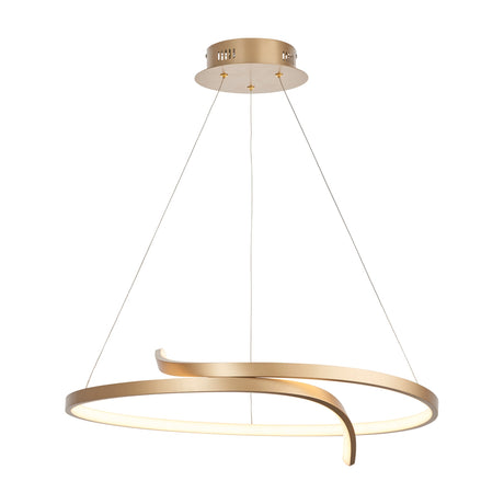 Gallery Direct Ravlenna LED spiral pendant light in brushed gold, with a looped aluminium ring suspended from three cables and a circular ceiling plate.
