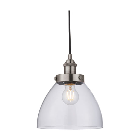 Gallery Direct Sarwen industrial pendant light with clear glass dome shade, brushed silver fitting, knurled collar and black flex cord on a white background.