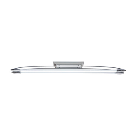 Gallery Direct Harlenne LED twin bar ceiling light in polished chrome with two curved arms, opal LED strips and pointed end caps on a white background.