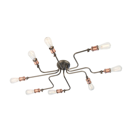 Gallery Direct Halvane 8 light ceiling light with aged pewter steel arms, aged copper holders and exposed filament bulbs in an industrial spider design.