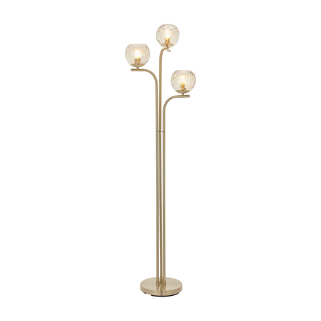 Gallery Direct Ilvaris 3 light floor lamp with staggered curved arms and dimpled champagne glass globe shades on a brushed brass frame and round base.