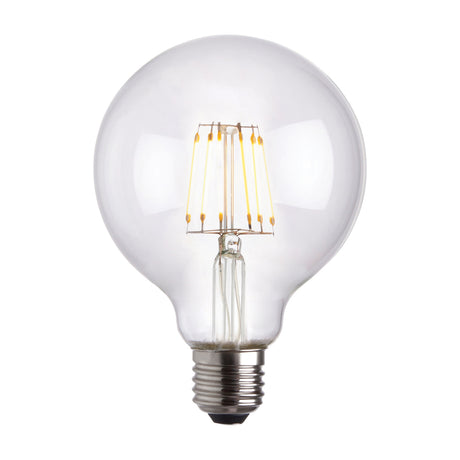Gallery Direct E27 LED filament globe bulb 6W with clear glass envelope, vertical filaments and screw cap base, shown on a white background.