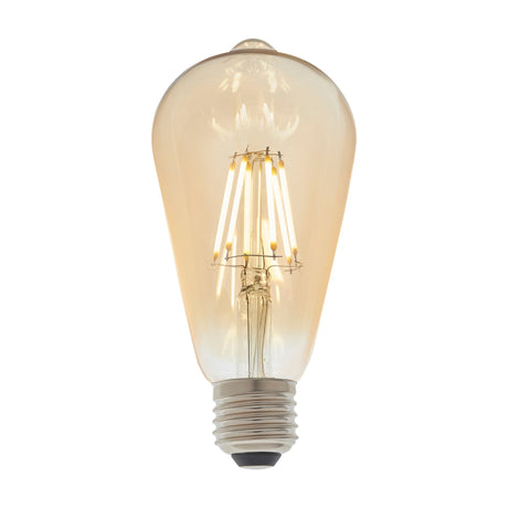 Gallery Direct E27 LED filament pear bulb in ST64 teardrop shape with amber tinted glass, visible slim filaments and aluminium screw base on a white background.