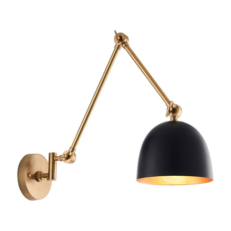Gallery Direct Levanne adjustable swing arm wall light with antique brass articulated arm, round wall plate and matt black dome shade on white.