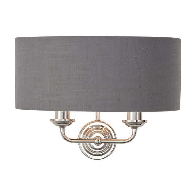 Gallery Direct Clervorne 2 Light Wall Light with a charcoal half-drum fabric shade and polished nickel twin-arm backplate on a white background.