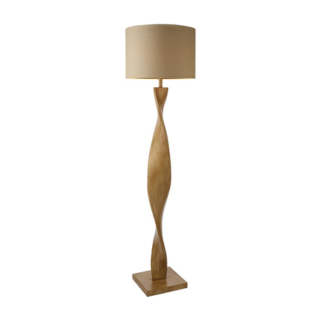 Gallery Direct Abrelle floor lamp with a twisted oak-toned wood-effect column on a square base, topped with a taupe fabric drum shade.