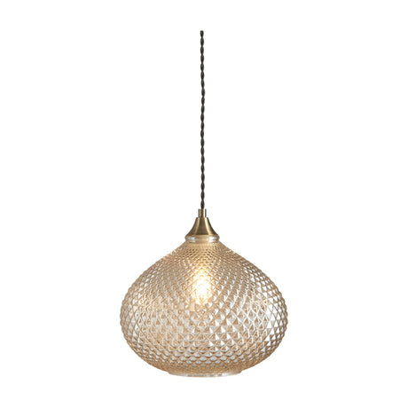 Gallery Direct Wenlora pendant light with onion-shaped diamond-cut champagne glass shade, antique brass cap and twisted braided flex on white.