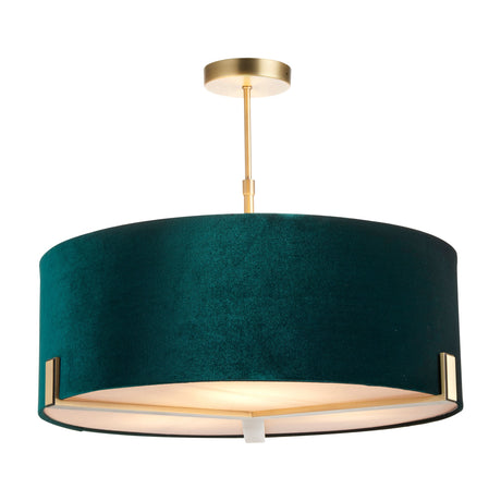 Gallery Direct Rayfenna 3-light pendant with green velvet drum shade, frosted diffuser and antique brass rod, ceiling rose and brackets, on white.
