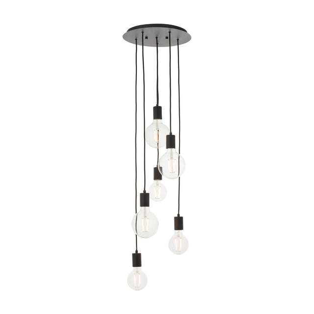 Gallery Direct Sorvessa 6 Light Cluster Pendant in matt black with staggered exposed globe bulbs on flex drops from a round ceiling plate.