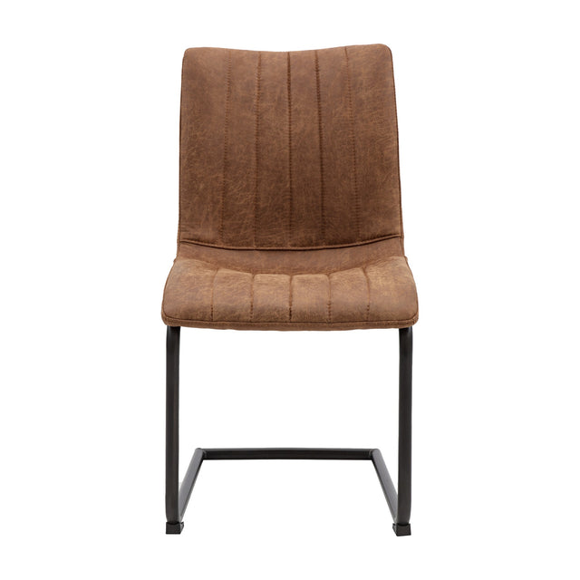 Gallery Direct Edvenne cantilever dining chair in brown faux leather with vertical channel stitching and matt black steel base, on a white background.