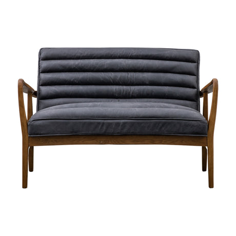 Gallery Direct Datvorne 2 Seater Sofa in charcoal channel-stitched leather with a solid oak frame, tapered arms and angled legs, on a white background.
