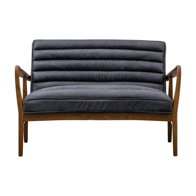 Gallery Direct Datvorne 2 Seater Sofa in charcoal channel-stitched leather with a solid oak frame, tapered arms and angled legs, on a white background.