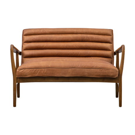 Gallery Direct Datvorne 2 Seater Sofa in tan leather with channel-stitched back and seat on a solid oak frame with angled legs, on a white background.