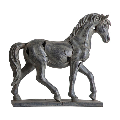Gallery Direct Tamirvane Antique Horse Statue in aged grey resin with weathered cracked finish, walking pose on a moulded plinth, on a white background.
