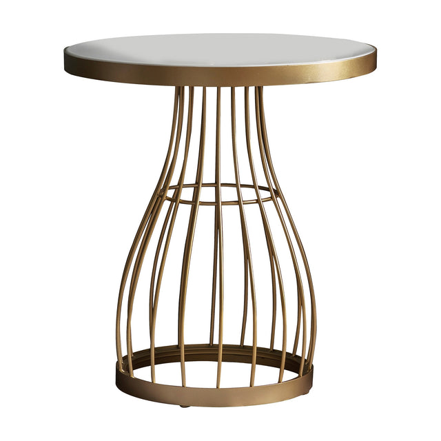 Gallery Direct Southvane Cage Side Table with round mirrored glass top and champagne metal cage base curving outward, on a plain white background.