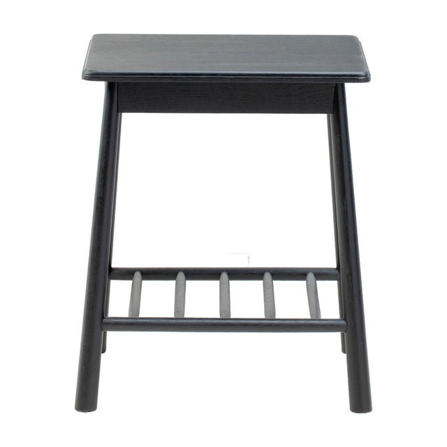 Gallery Direct Wycvorne square side table in black oak with splayed tapered legs and slatted lower shelf, shown on a plain white background.
