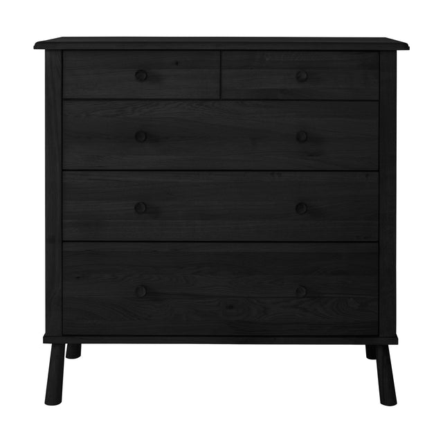 Gallery Direct Wycvorne 5 Drawer Chest in black wood with two short top drawers, three deep drawers, round knobs and splayed tapered legs.