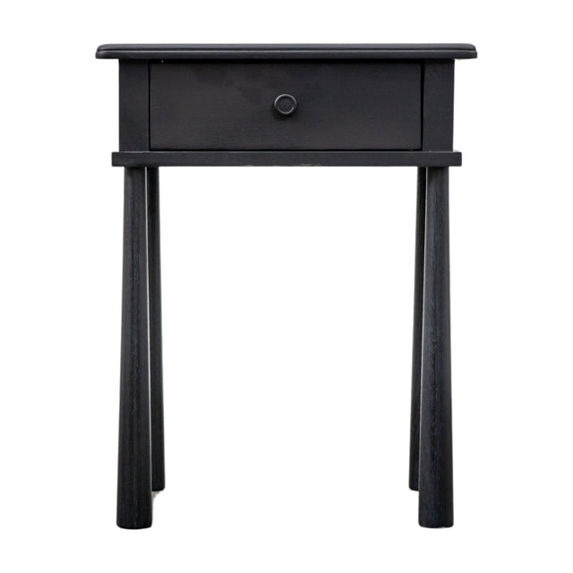 Gallery Direct Wycvorne 1 Drawer Bedside Table in black oak and pine with rounded top, turned knob and tapered legs, shown on a plain white background.