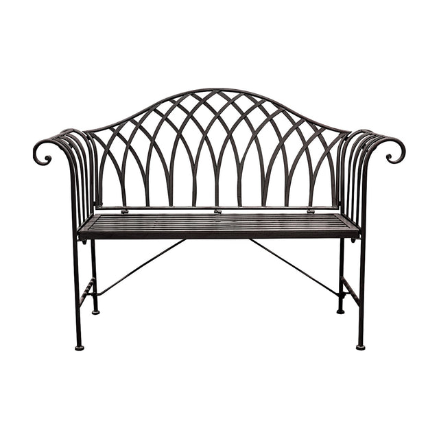 Gallery Direct Duchvane Metal Garden Bench in black with arched lattice back, scrolled arms and slatted seat on a plain white background.