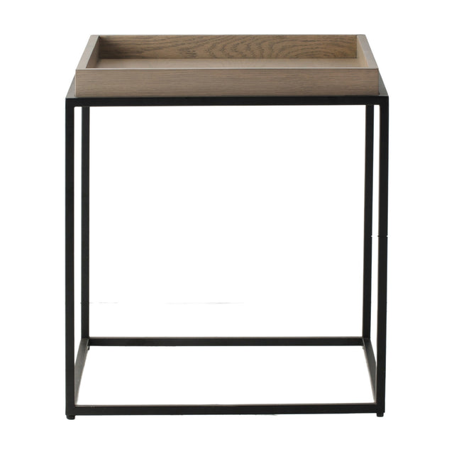Gallery Direct Forvenne Tray Side Table with a removable grey wood-effect lipped tray top on a slim matt black square metal frame.